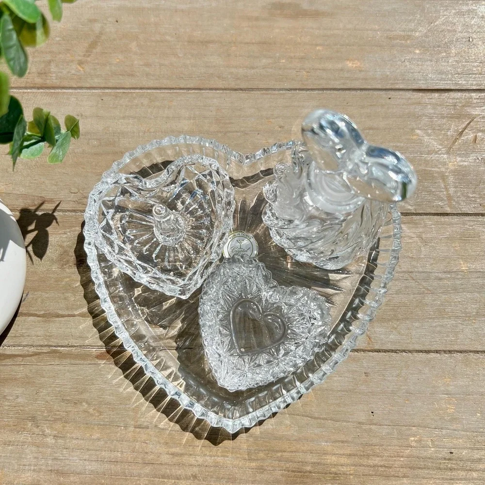 Vintage Crystal Heart-Shaped Vanity Beauty Jewelry Set |  Set of 4